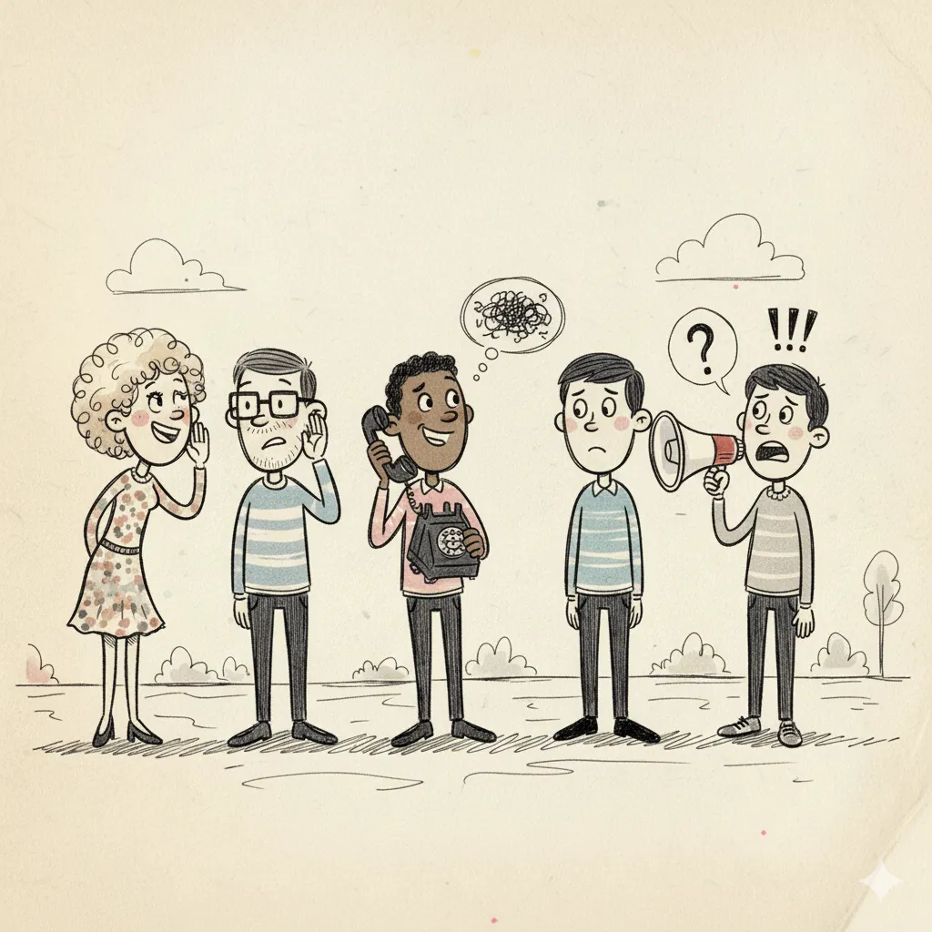 Five people standing playing a game of telephone. The last person looks confused.